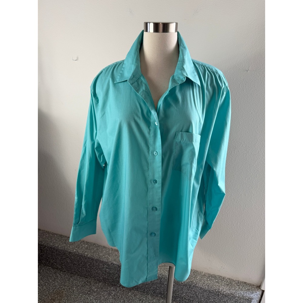 Foxcroft Womens Plus 20W Wrinkle Free Button Up Shirt Turquoise Long Sleeve